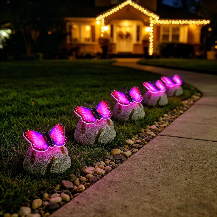 Decorative Solar-Powered Butterfly Perched Stone LED Garden Accent Bowlift