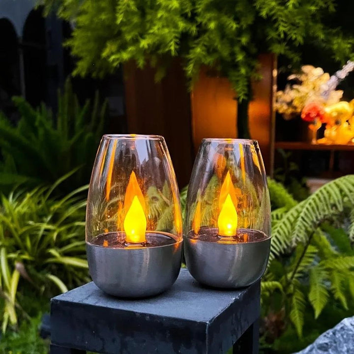 LED Flameless Glass Votive Lantern Pair With Realistic Flicker Flame And Metal Base Bowlift