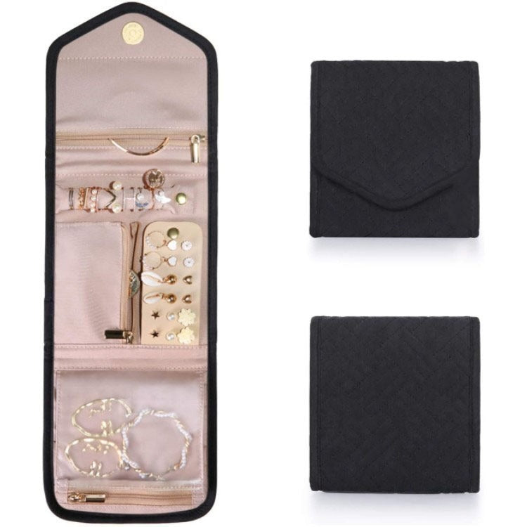 Quilted Foldable Travel Jewelry Organizer Roll with Zipper Pockets Bowlift