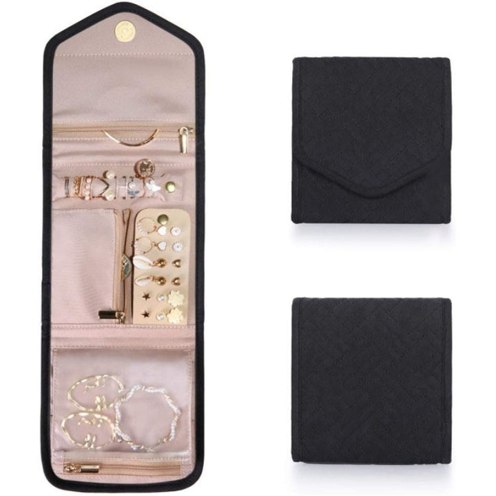Quilted Foldable Travel Jewelry Organizer Roll with Zipper Pockets Bowlift