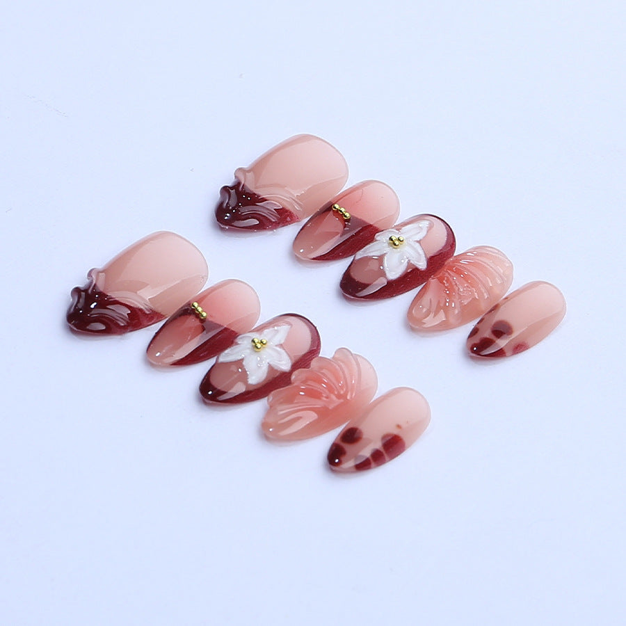 Artificial nail set with floral 3D applications and elegant gradient design Bowlift