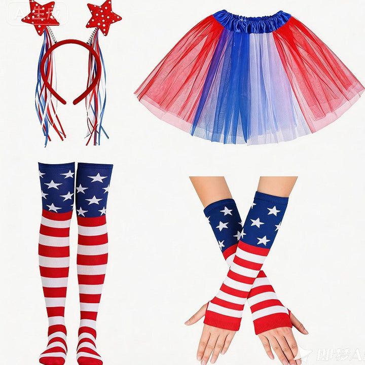 Women's Independence Day tulle tutu skirt with oversized bow headband over-the-knee star-striped stockings and matching arm sleeves Bowlift