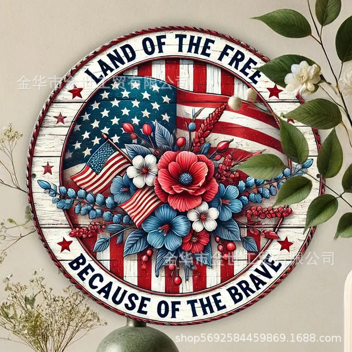Independence Day rustic round wooden patriotic cross wall plaque with floral accents and God Bless America banner Bowlift