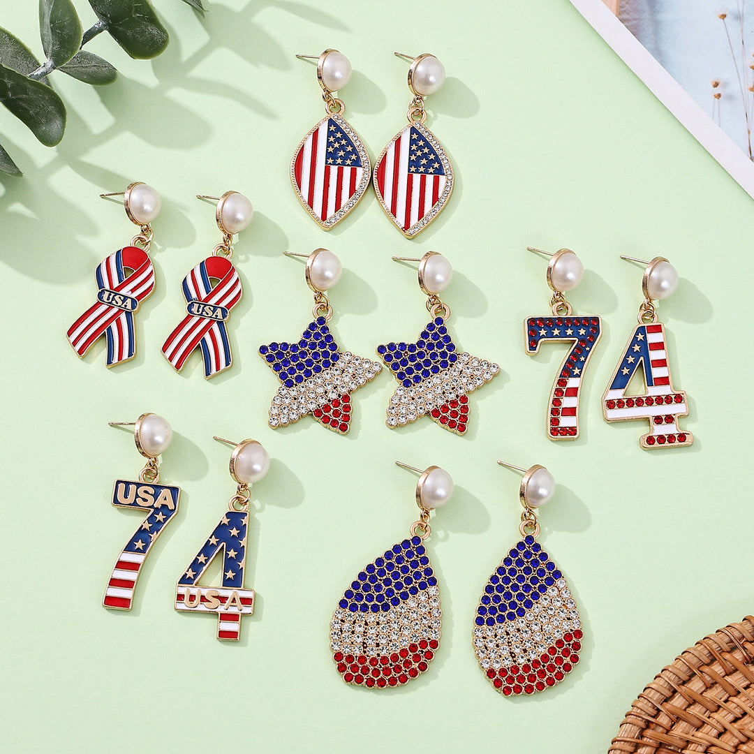 Women's nan patriotic enamel number drop earrings with faux pearl studs Bowlift