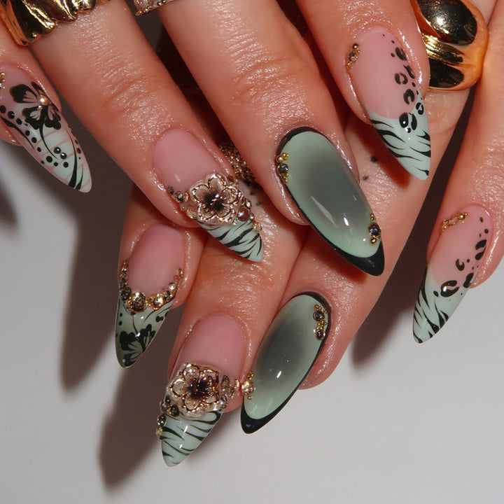 Decorative Stiletto Nail Art Tips with Floral Accents Bowlift
