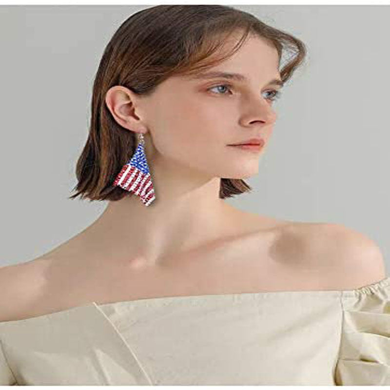 Ladies' long crystal mesh earrings with flag pattern and fishhook clasp Bowlift