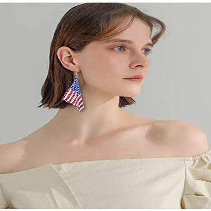 Women's long flexible rhinestone mesh earrings in American flag design with fishhook Bowlift