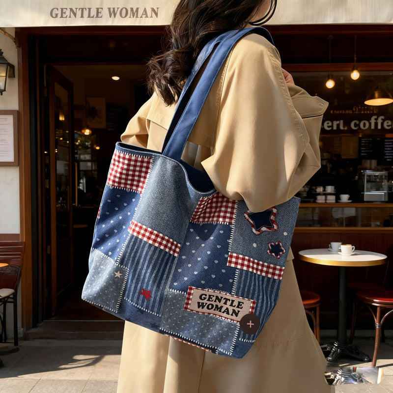 Chic Denim Patchrk Tote Bag Bowlift