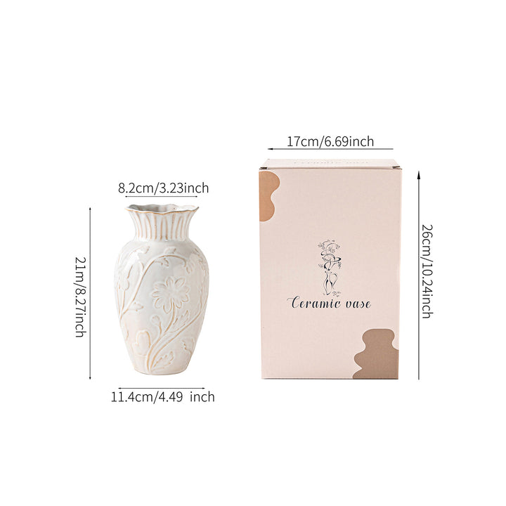 Decorative Engraved Flower Pattern Ceramic Bud Vase with Scalloped Edge