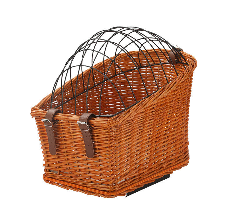 front-mount wicker bicycle pet carrier basket with foldable metal safety dome and adjustable leather buckle straps Bowlift