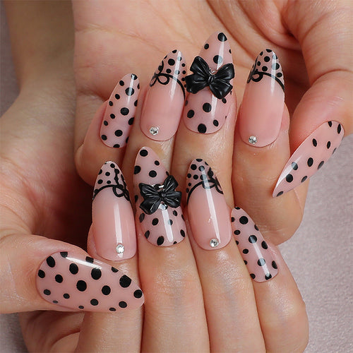 Artistic Press-On Nail Set with Polka Dot and Bow Designs Bowlift
