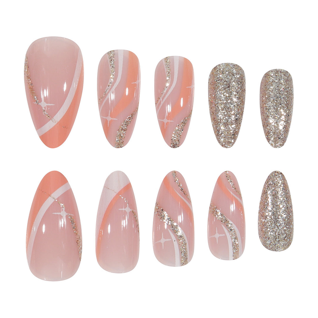 Elegant Stiletto Press-On Nails with Glitter and Artistic Design Bowlift