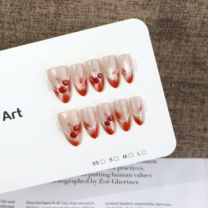 Artistic Cherry-Embellished Press-On Nail Art Set Bowlift