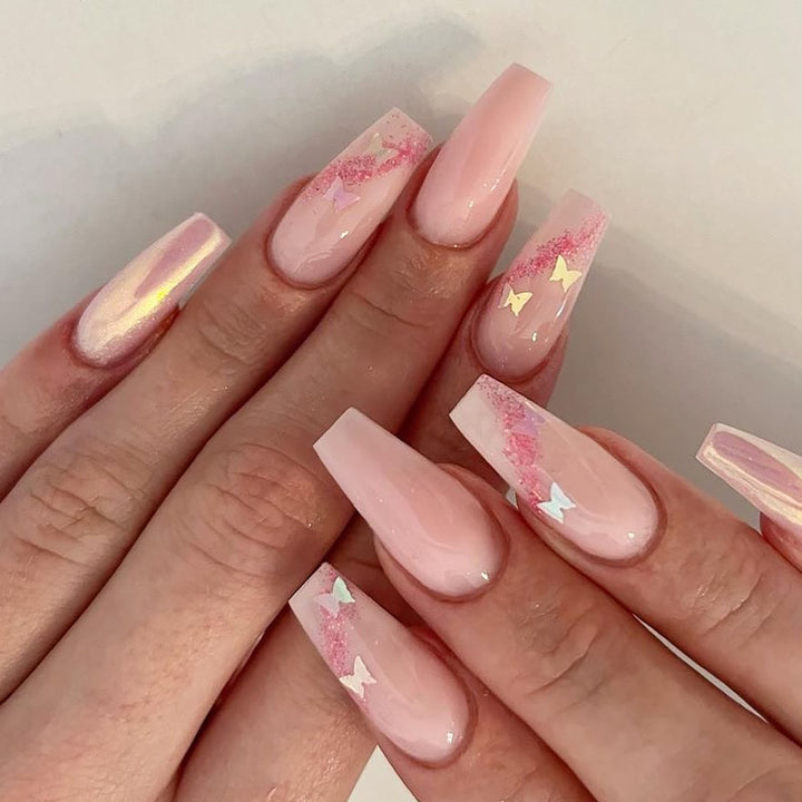 Artful Gel Nails with Elegant Floral Design and Glitter Accents Bowlift