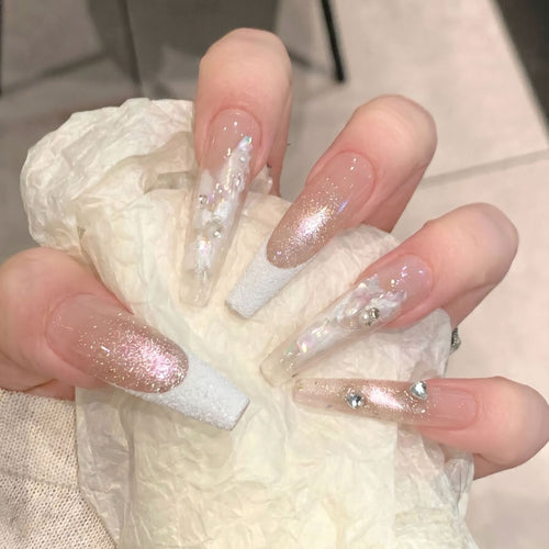 Elegant Press-On Nail Set with Floral and Gemstone Accents Bowlift