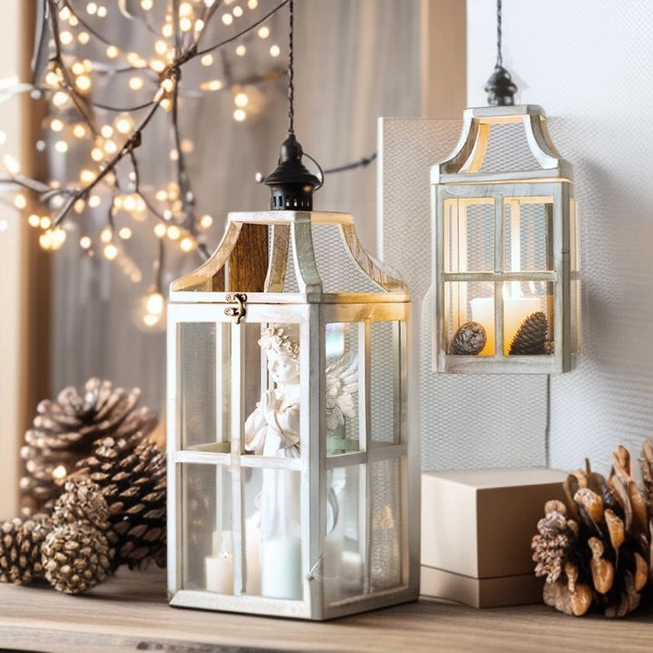 Rustic Windowpane Glass and Wood Candle Lantern with Hinged Door Bowlift