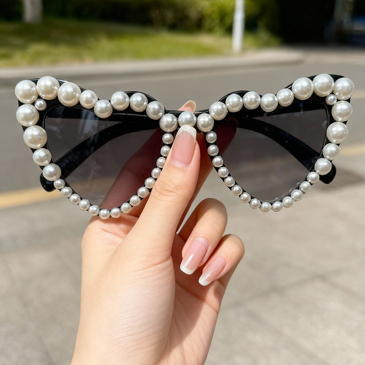 Decorative Pearl-Embellished Cat-Eye Sunglasses Bowlift