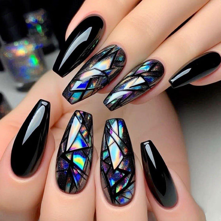 Trendy artificial nails with holographic geometric patterns Bowlift