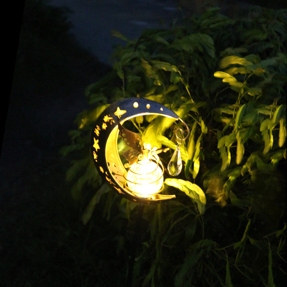 Crescent Moon Solar Garden Stake Light With Rotating Crackle Glass Orb And Butterfly Accent Bowlift