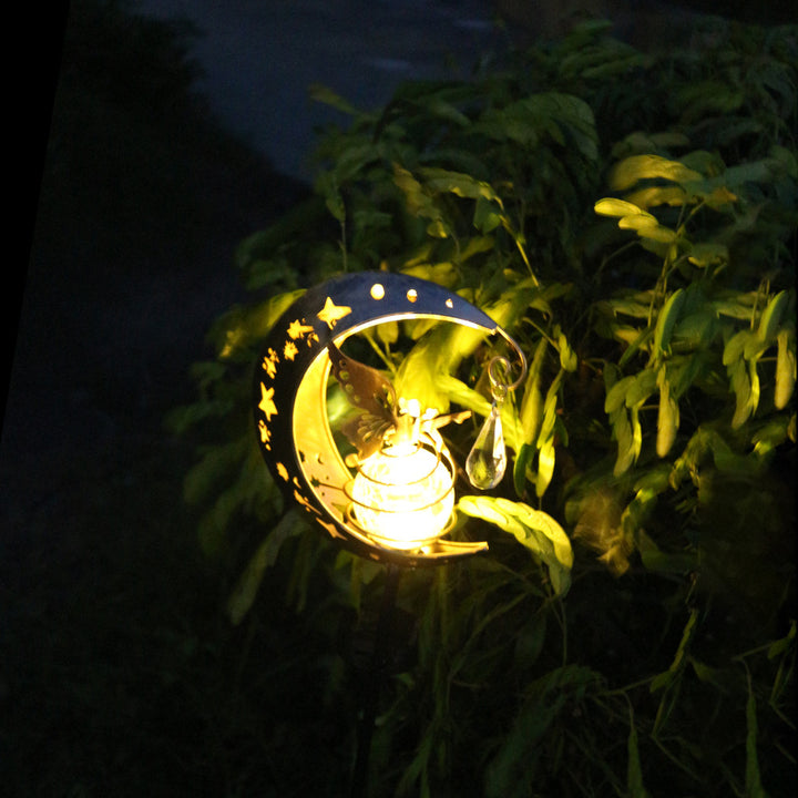Crescent Moon Solar Garden Stake Light With Rotating Crackle Glass Orb And Butterfly Accent Bowlift