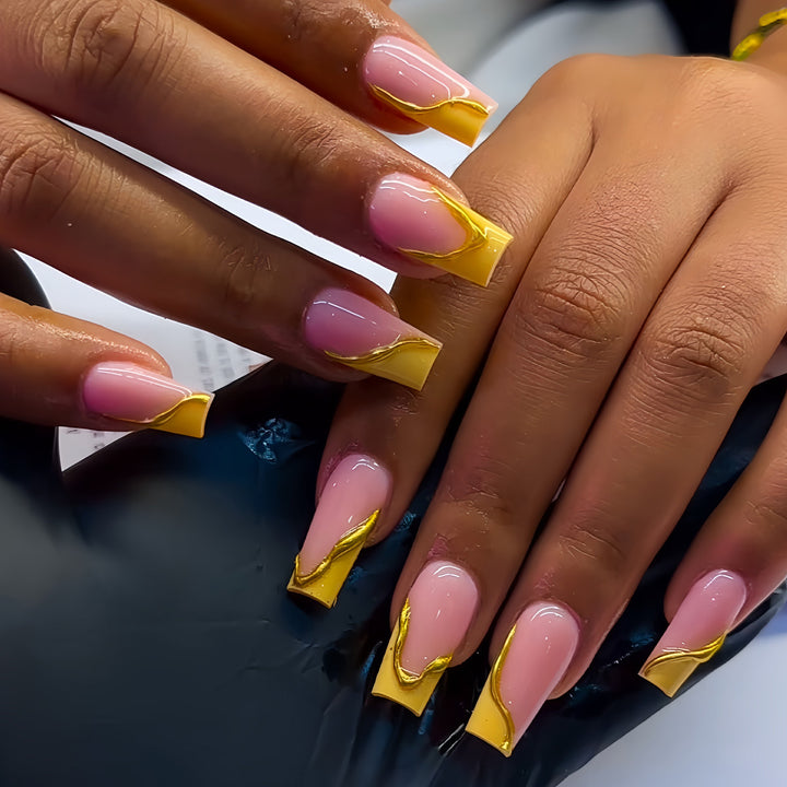 Elegant Acrylic French Tip Press-On Nails with Gold Detailing Bowlift