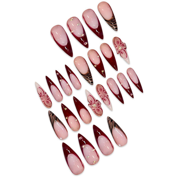 Elegant Stiletto Press-On Nail Art Set with Floral and Geometric Designs Bowlift