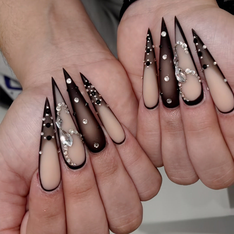 Stiletto Press-On Nail Art Set with Elegant Rhinestone Embellishments Bowlift