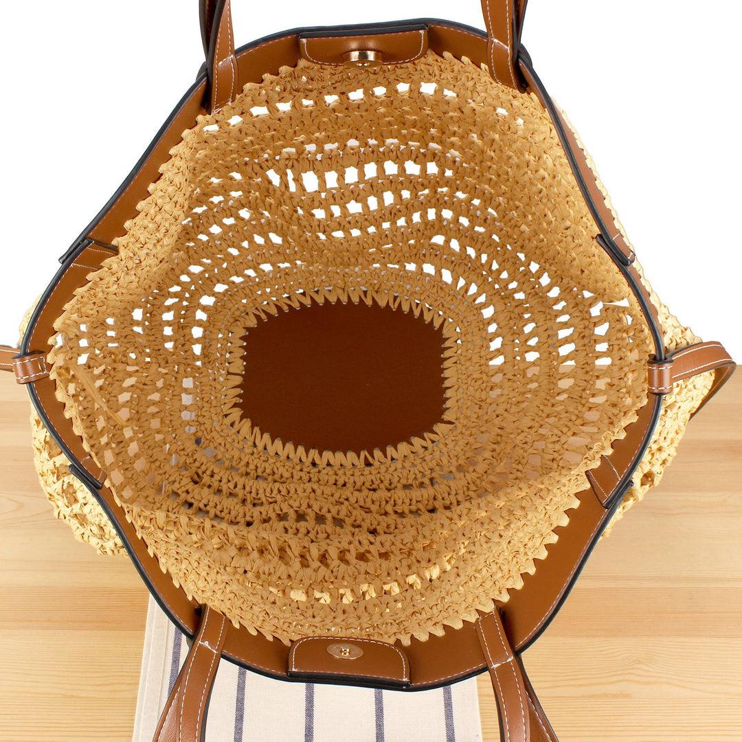 Handbag Made of Braided Natural Material with High-Quality Leather Detail Bowlift