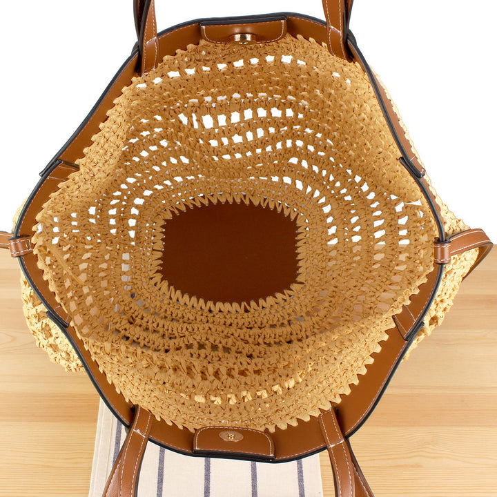 Handbag Made of Braided Natural Material with High-Quality Leather Detail Bowlift