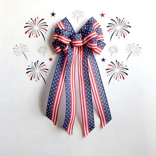 Unisex nan large patriotic star stripe ribbon bow wall hanging with long streamer tails for door wreaths and porch decor Bowlift