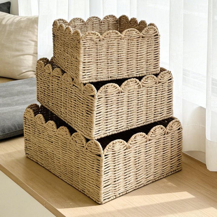 Handcrafted storage basket with playful wave edge Bowlift