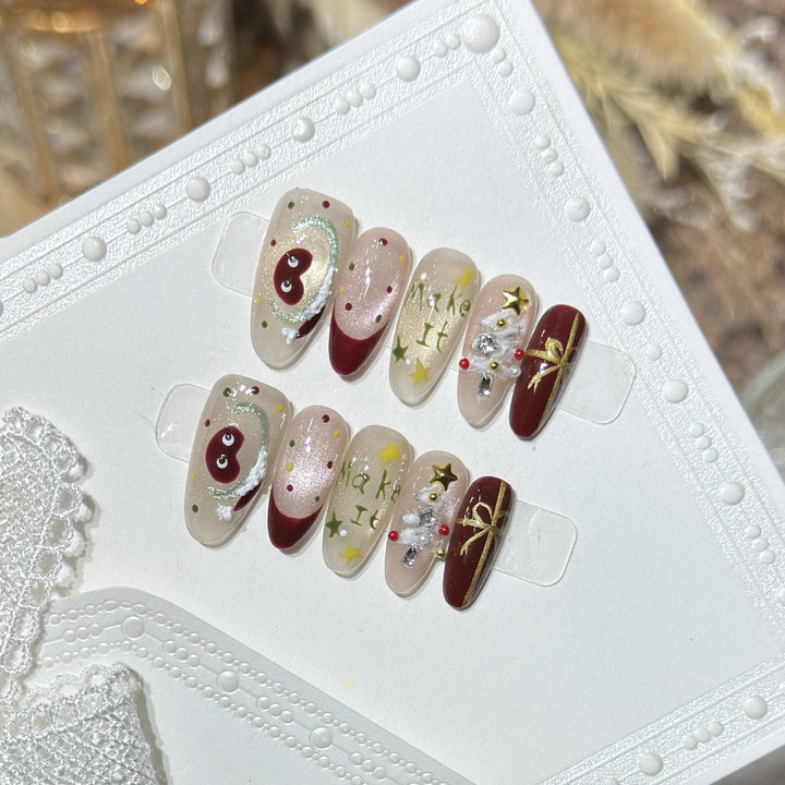 Festive Press-On Nail Art Set with Holiday Designs Bowlift