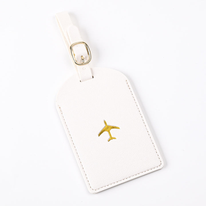 Premium Leather Luggage Tag with Adjustable Strap and Embroidered Airplane Icon Bowlift