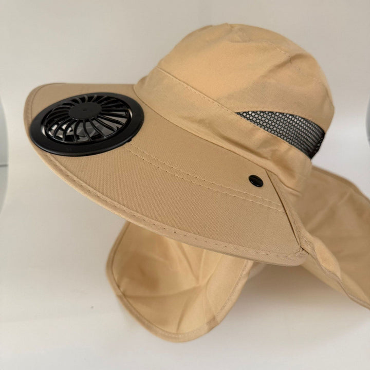 Non-ventilated sun hat with removable fan, neck protection, and adjustable chin strap Bowlift