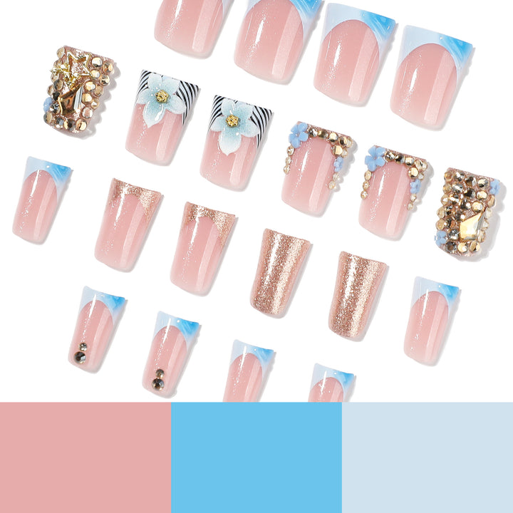 Artful Nail Extensions with Floral Design and Glitter Bowlift