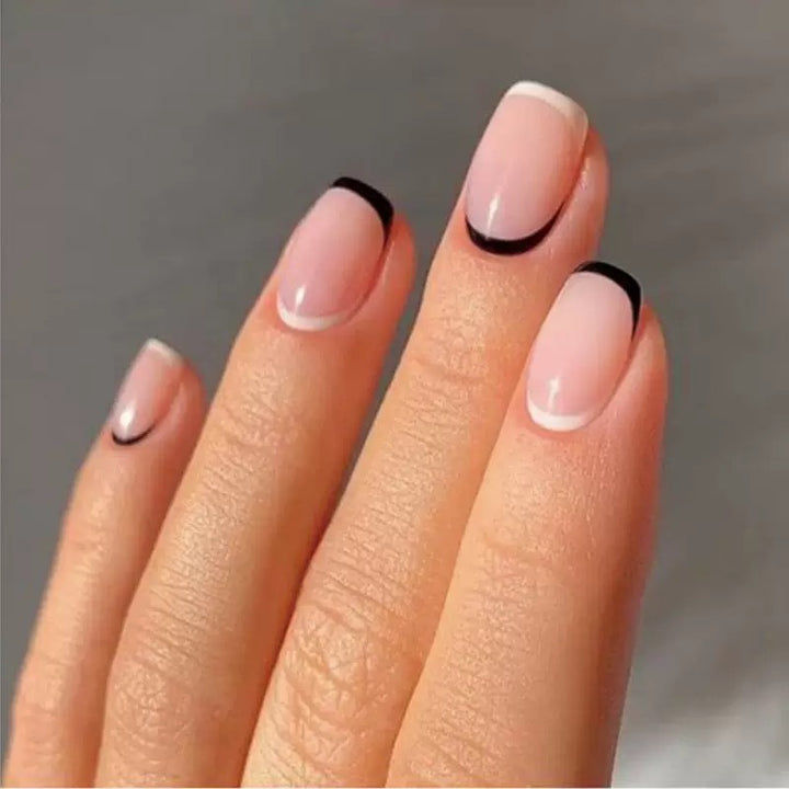 Acrylic Nail Set with Elegant French Design and Black Accent Bowlift