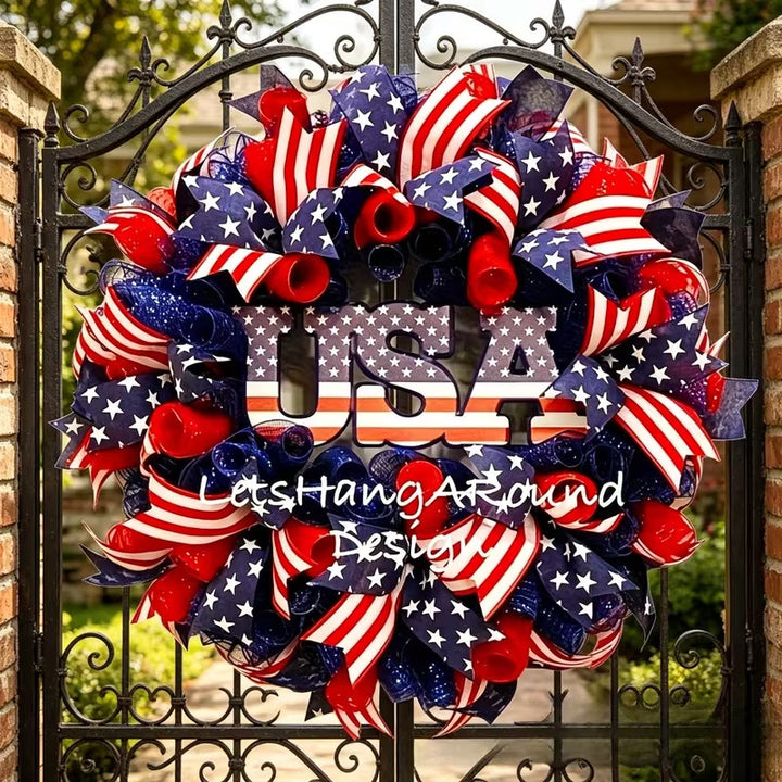 Unisex nan Patriotic Americana Heart Flag Wreath with Ribbon Mesh, Wooden Heart Cutout and Star Accent Bowlsift Bowlift