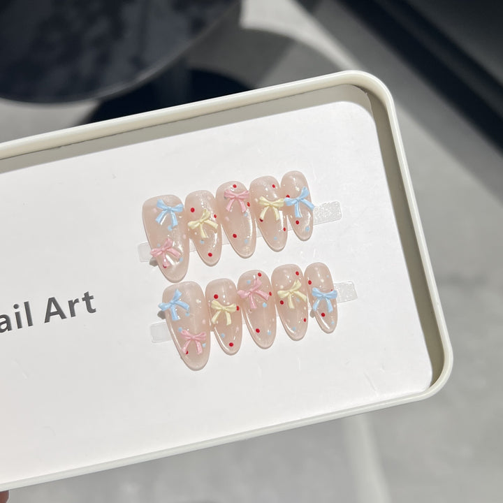 Decorative Press-On Nail Set with Charming Bow and Dots Bowlift