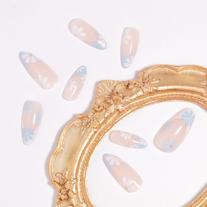 Pointed Almond-Shaped Press-On Nails with Floral Design Bowlift