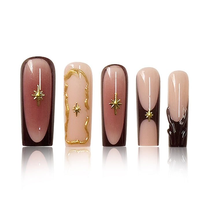 Artistic Long Press-On Nail Art Extensions with Gold Detailing Bowlift