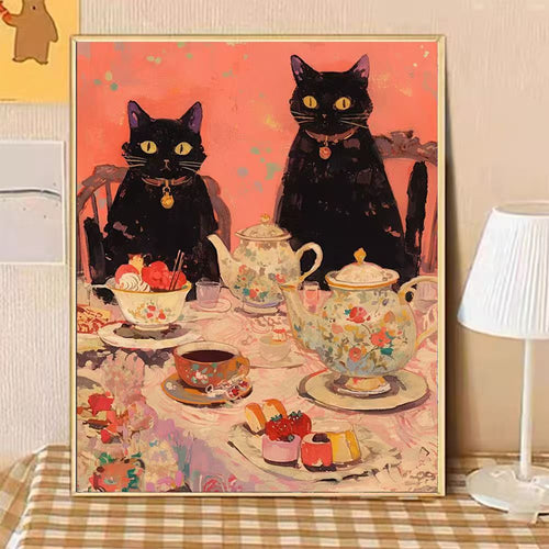 Whimsical Cat-Themed Afternoon Tea Canvas Art Bowlift