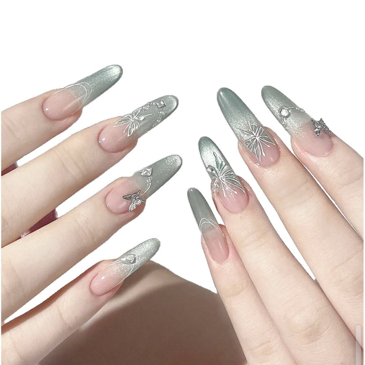 Decorative Stiletto Press-On Nail Set with Artistic Floral and Gemstone Accents Bowlift