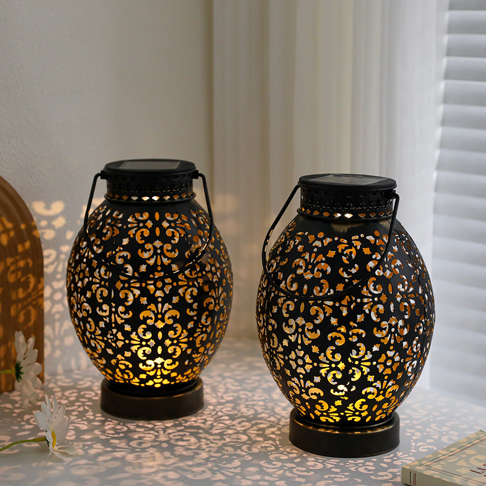 Moroccan-Style Cutwork Metal Candle Lantern with Hanging Handle Bowlift