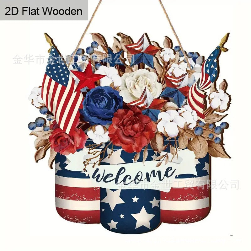 Independence Day rustic round wooden patriotic cross wall plaque with floral accents and God Bless America banner Bowlift
