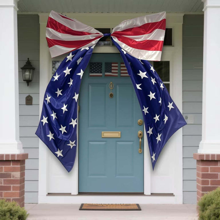 Independence Day oversized patriotic door bow and cascading porch flag swag Bowlift
