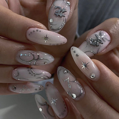 Artistic acrylic nails with elegant glitter patterns Bowlift