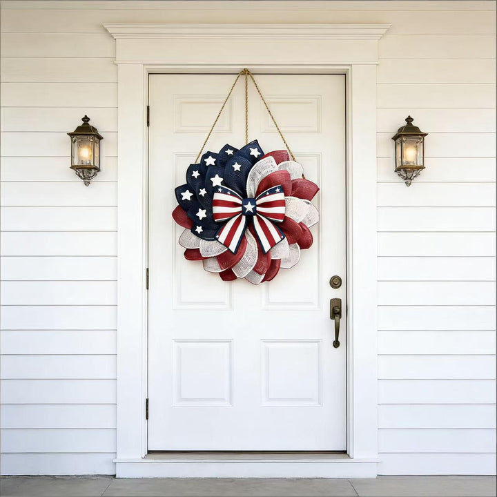 Unisex decorative satin door wreath with star pattern and multi-layered flower look Bowlift