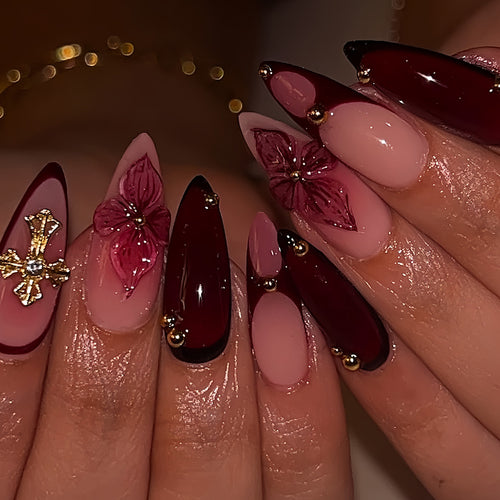 Premium Artistic Floral Stiletto Press-On Nails Bowlift