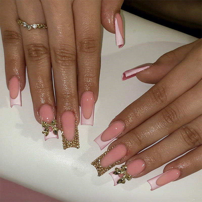 Decorative Press-On Nail Art Set with Elegant Bow and Gem Accents Bowlift