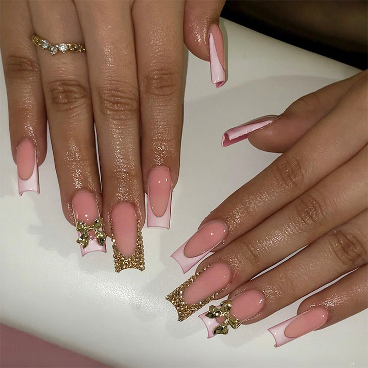 Decorative Press-On Nail Art Set with Elegant Bow and Gem Accents Bowlift